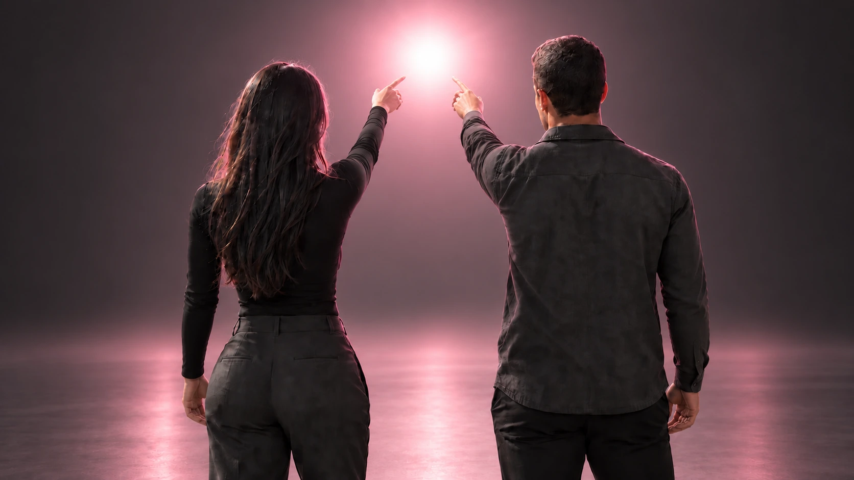 Imagem criada de Marie Rubio e Dio Lemes, de costas e apontando para uma luz rosa.